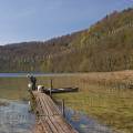 001067 Ponton de bois sur le lac du Val (Jura (39), France). Un pcheur et son chien s'apprtent  partir pour une partie de pche en barque.
