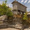 001487 Les espigueiros sont des constructions sur pilotis faisant office de grenier  grains. Ils permettent d'abriter, de scher et de conserver les rcoltes sous le climat humide de la bordure atlantique. Ces abris dresss sur leurs pieds les loignant du sol et les protgeant des rongeurs, sont exposs au soleil et au vent. Ils reposent souvent sur une dalle rocheuse de granit qui sert d'aire de battage, mais permet aussi d'accumuler la chaleur du soleil dans la journe et de la restituer la nuit. Il s'agit ici des espigueiros de Soajo, village du Haut-Minho dans le Parc naturel de la Serra da Estrela (Porto e Norte de Portugal, Portugal).