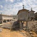001491 Les espigueiros sont des constructions sur pilotis faisant office de grenier  grains. Ils permettent d'abriter, de scher et de conserver les rcoltes sous le climat humide de la bordure atlantique. Ces abris dresss sur leurs pieds les loignant du sol et les protgeant des rongeurs, sont exposs au soleil et au vent. Ils reposent souvent sur une dalle rocheuse de granit qui sert d'aire de battage, mais permet aussi d'accumuler la chaleur du soleil dans la journe et de la restituer la nuit. Il s'agit ici des espigueiros de Soajo, village du Haut-Minho dans le Parc naturel de la Serra da Estrela (Porto e Norte de Portugal, Portugal).